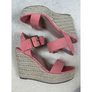 Pink Canvas Espadrille Wedge Sandals Ankle Buckle Rope Platform Women's Size 6M‎